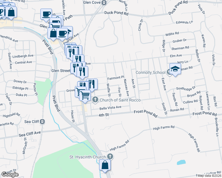map of restaurants, bars, coffee shops, grocery stores, and more near 31 Wolfle Street in Glen Cove