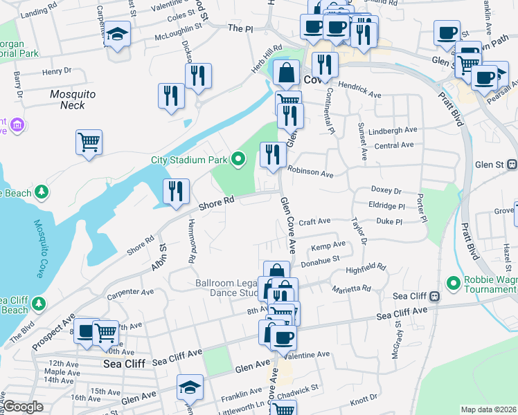 map of restaurants, bars, coffee shops, grocery stores, and more near 1 Shore Road in Glen Cove