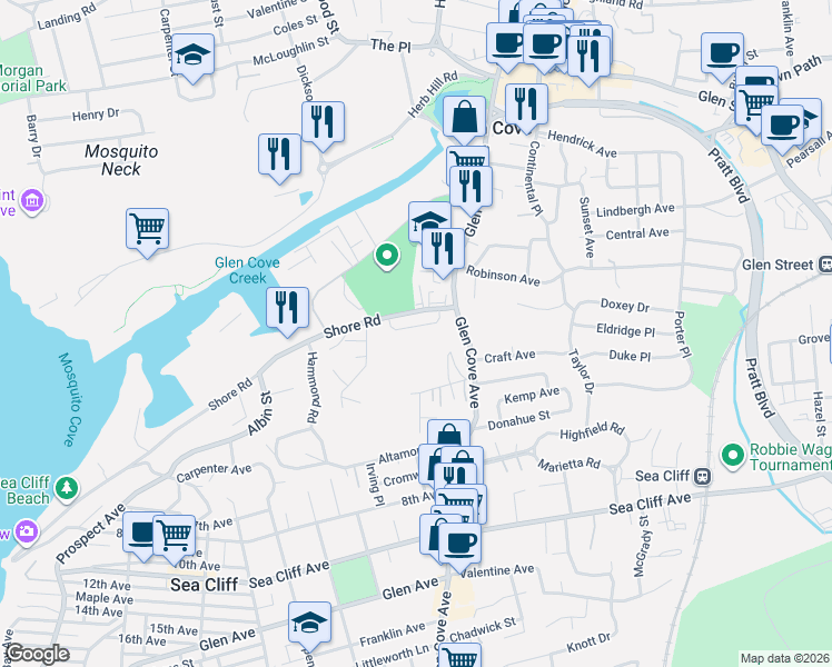 map of restaurants, bars, coffee shops, grocery stores, and more near 1 Shore Road in Glen Cove