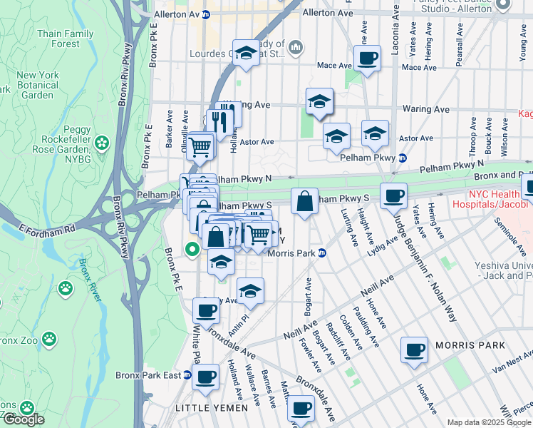 map of restaurants, bars, coffee shops, grocery stores, and more near in The Bronx