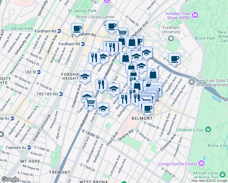 map of restaurants, bars, coffee shops, grocery stores, and more near 451 East 185th Street in The Bronx