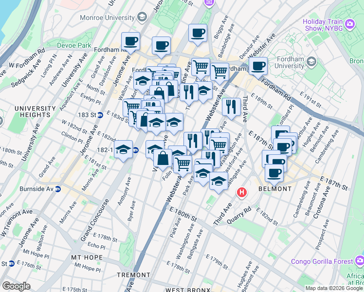map of restaurants, bars, coffee shops, grocery stores, and more near 382 East 184th Street in The Bronx