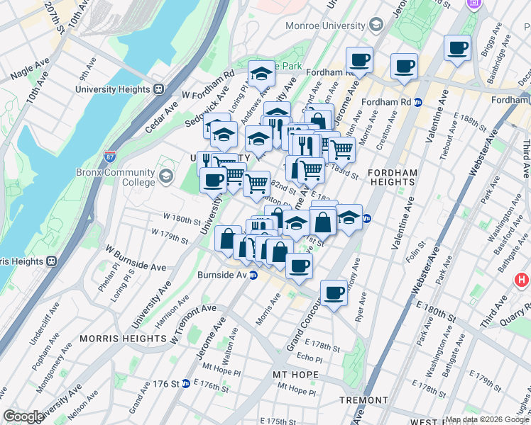 map of restaurants, bars, coffee shops, grocery stores, and more near 2176 Grand Avenue in Bronx