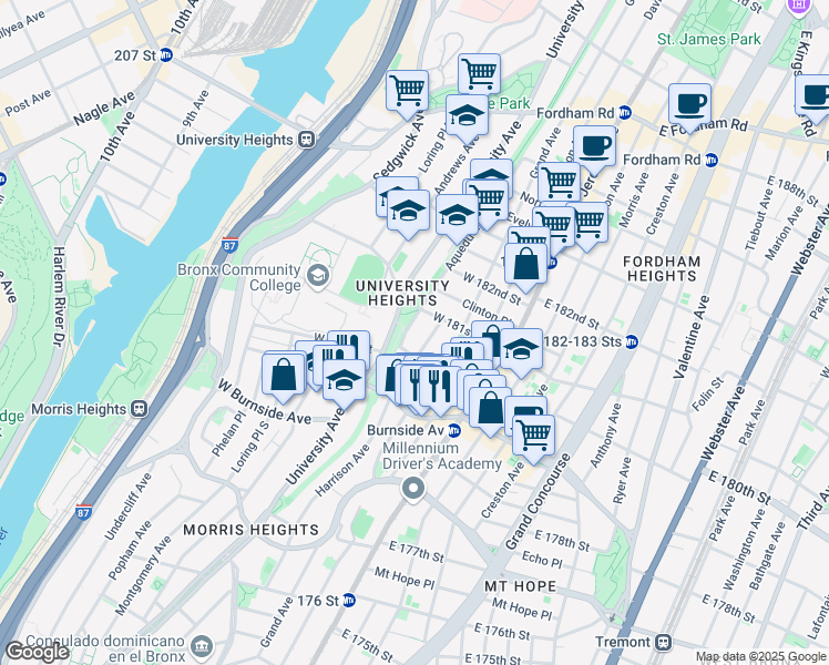 map of restaurants, bars, coffee shops, grocery stores, and more near 2150 University Avenue in The Bronx