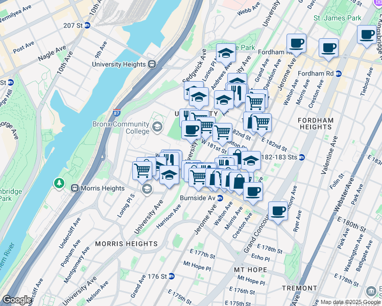 map of restaurants, bars, coffee shops, grocery stores, and more near 2150 Doctor Martin Luther King Junior Boulevard in The Bronx