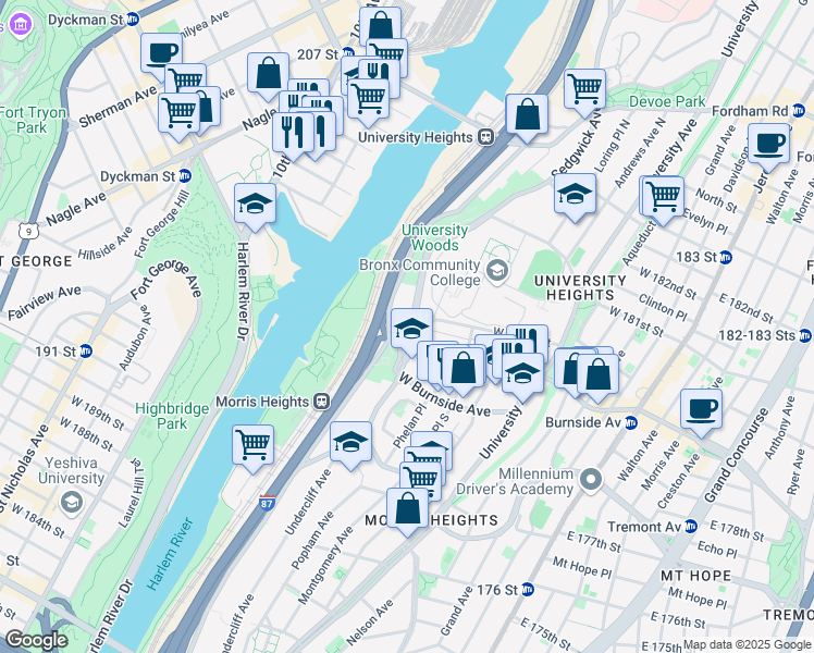map of restaurants, bars, coffee shops, grocery stores, and more near 7 Cedar Avenue in Bronx