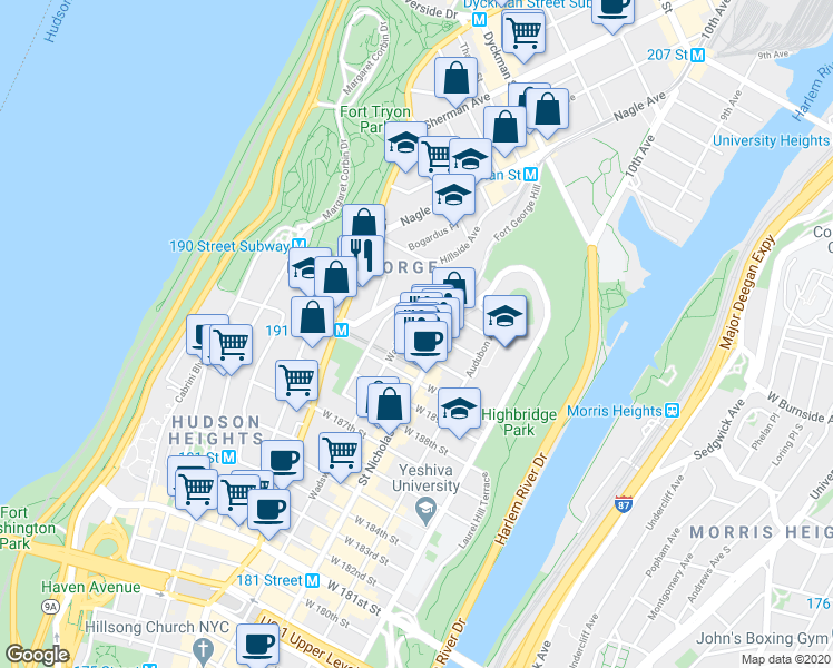 map of restaurants, bars, coffee shops, grocery stores, and more near 390 Wadsworth Avenue in New York