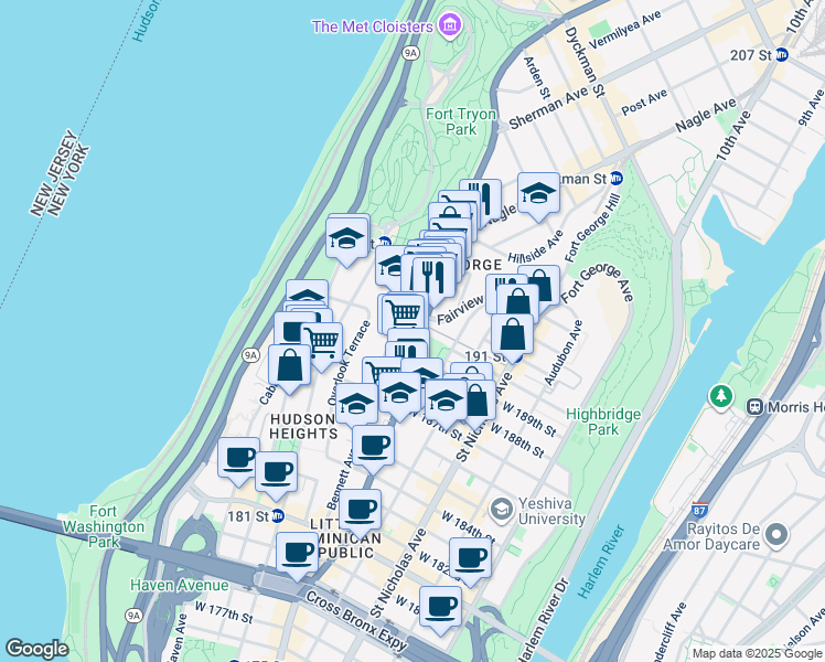 map of restaurants, bars, coffee shops, grocery stores, and more near in New York