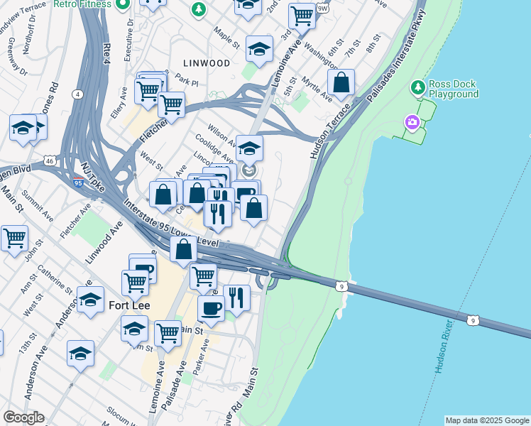 map of restaurants, bars, coffee shops, grocery stores, and more near 2193 North Central Road in Fort Lee