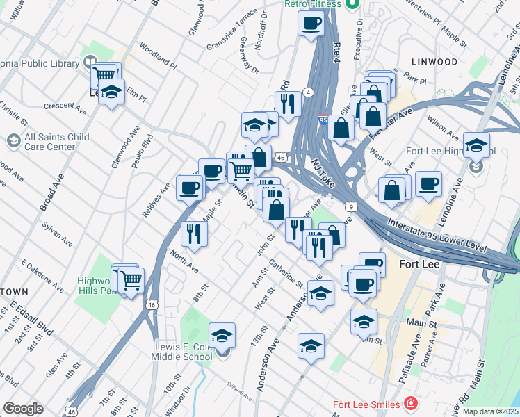 map of restaurants, bars, coffee shops, grocery stores, and more near in Fort Lee