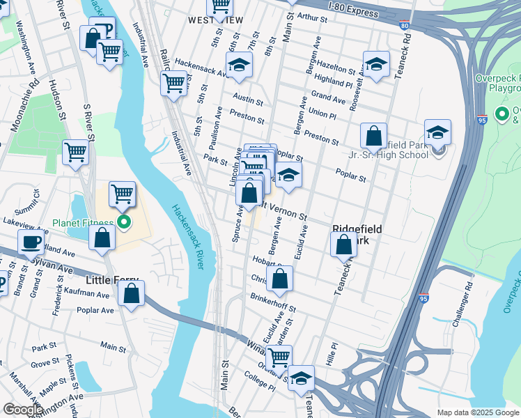 map of restaurants, bars, coffee shops, grocery stores, and more near 201 Main Street in Ridgefield Park