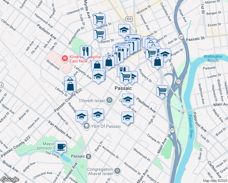 map of restaurants, bars, coffee shops, grocery stores, and more near 227 Paulison Avenue in Passaic