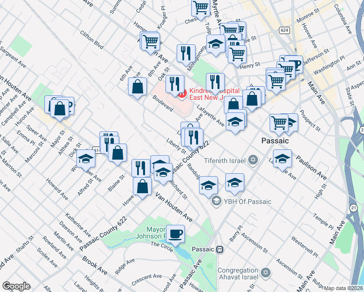 map of restaurants, bars, coffee shops, grocery stores, and more near 47 Linden Street in Passaic