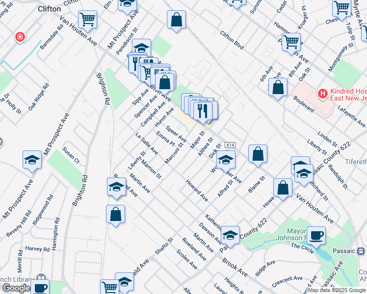map of restaurants, bars, coffee shops, grocery stores, and more near 146 Speer Avenue in Clifton
