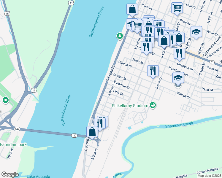 map of restaurants, bars, coffee shops, grocery stores, and more near 135-199 Spruce St in Sunbury