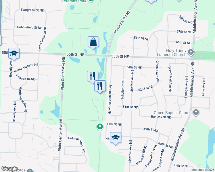 map of restaurants, bars, coffee shops, grocery stores, and more near 5303 Johnnycake Ridge Northeast in Canton