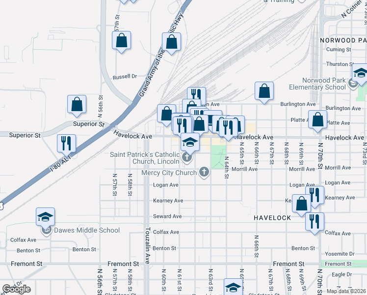map of restaurants, bars, coffee shops, grocery stores, and more near 6037 Havelock Avenue in Lincoln