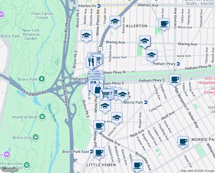map of restaurants, bars, coffee shops, grocery stores, and more near 2199 Holland Avenue in Bronx