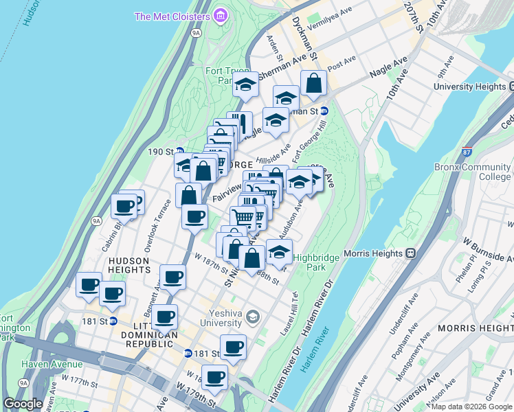 map of restaurants, bars, coffee shops, grocery stores, and more near 390 Wadsworth Avenue in New York