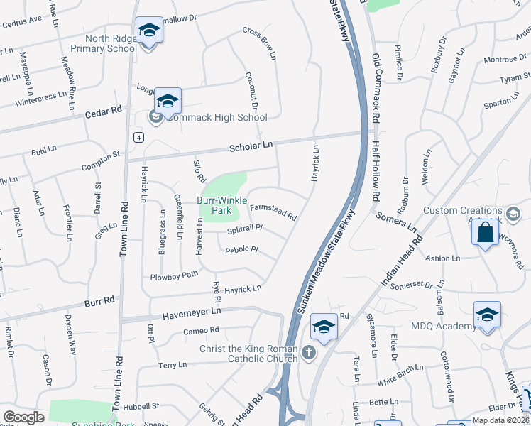 map of restaurants, bars, coffee shops, grocery stores, and more near 15 Farmstead Road in Commack