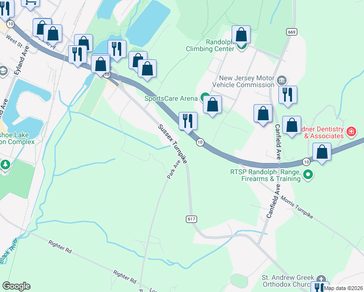 map of restaurants, bars, coffee shops, grocery stores, and more near 1547 Sussex Turnpike in Randolph
