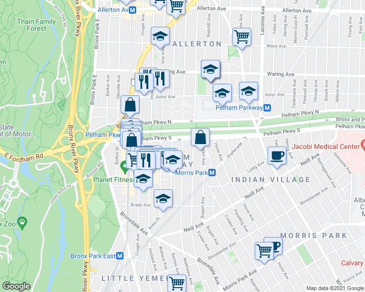 map of restaurants, bars, coffee shops, grocery stores, and more near 2184 Matthews Avenue in Bronx