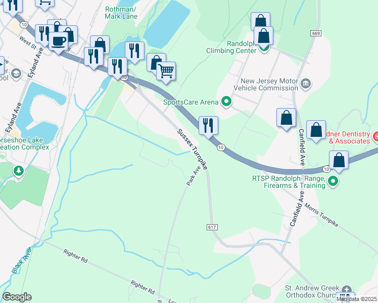 map of restaurants, bars, coffee shops, grocery stores, and more near 1556 Sussex Turnpike in Randolph