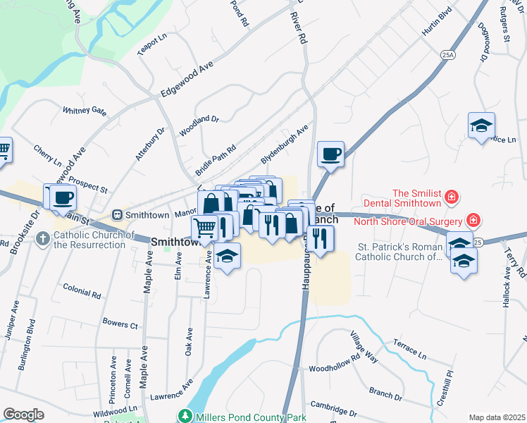 map of restaurants, bars, coffee shops, grocery stores, and more near 23 Bellemeade Avenue in Smithtown