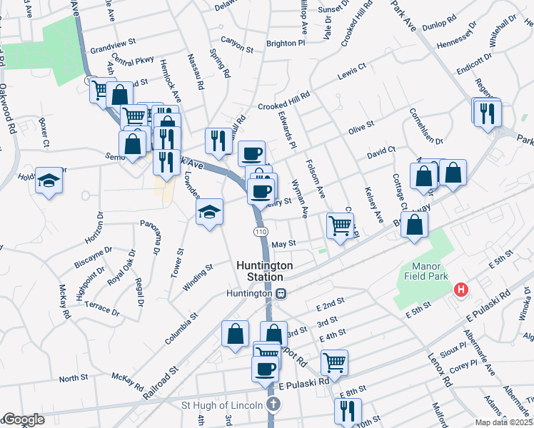 map of restaurants, bars, coffee shops, grocery stores, and more near 23 Henry Street in Huntington Station