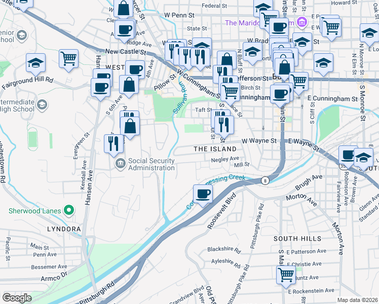 map of restaurants, bars, coffee shops, grocery stores, and more near 529 West Wayne Street in Butler