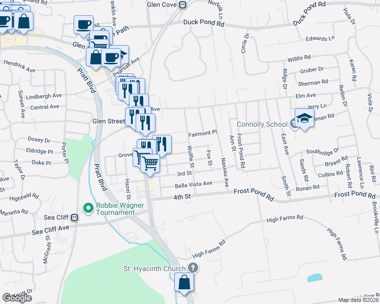 map of restaurants, bars, coffee shops, grocery stores, and more near Wolfle Street in Glen Cove