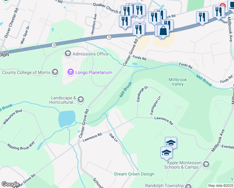 map of restaurants, bars, coffee shops, grocery stores, and more near 193 Center Grove Road in Randolph