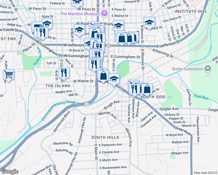 map of restaurants, bars, coffee shops, grocery stores, and more near 102 Center Avenue in Butler