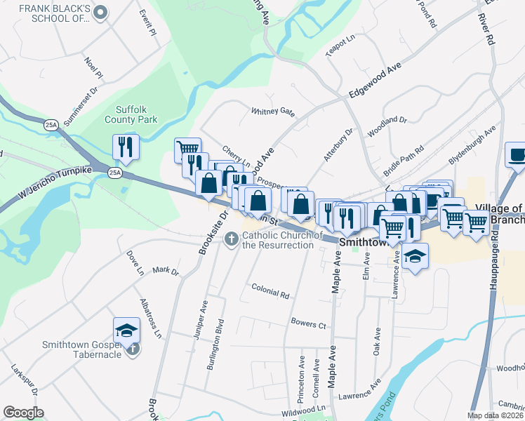 map of restaurants, bars, coffee shops, grocery stores, and more near 175 West Main Street in Smithtown