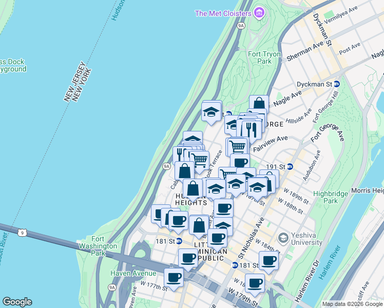 map of restaurants, bars, coffee shops, grocery stores, and more near 349 Cabrini Boulevard in New York