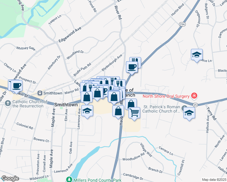 map of restaurants, bars, coffee shops, grocery stores, and more near 30 River Road in Smithtown