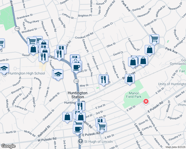 map of restaurants, bars, coffee shops, grocery stores, and more near 66 Folsom Avenue in Huntington Station
