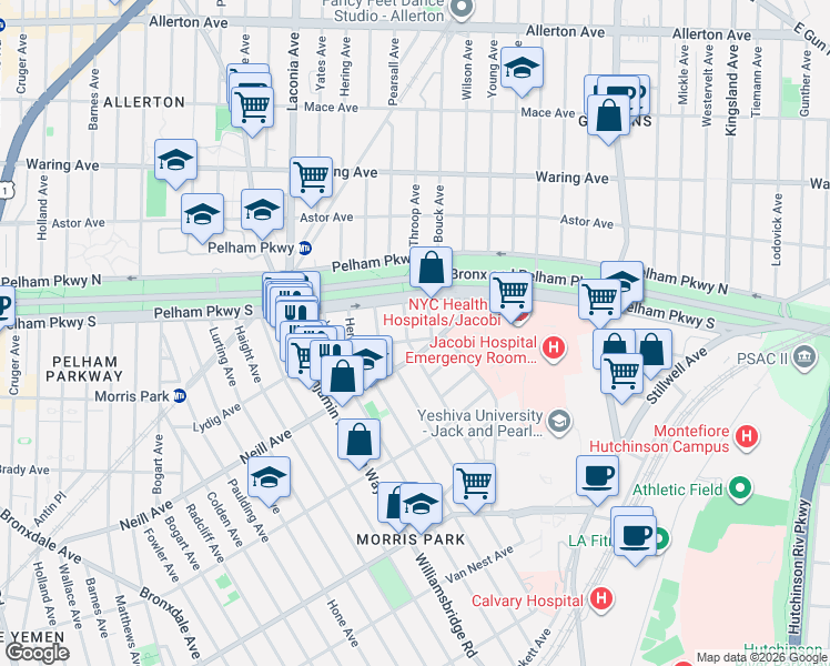 map of restaurants, bars, coffee shops, grocery stores, and more near 2067 Van Hoesen Avenue in Bronx