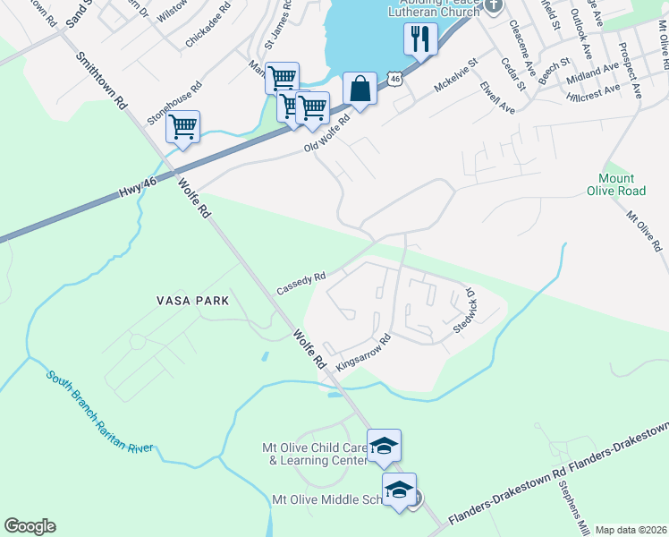 map of restaurants, bars, coffee shops, grocery stores, and more near 370 Kings Village in Mount Olive