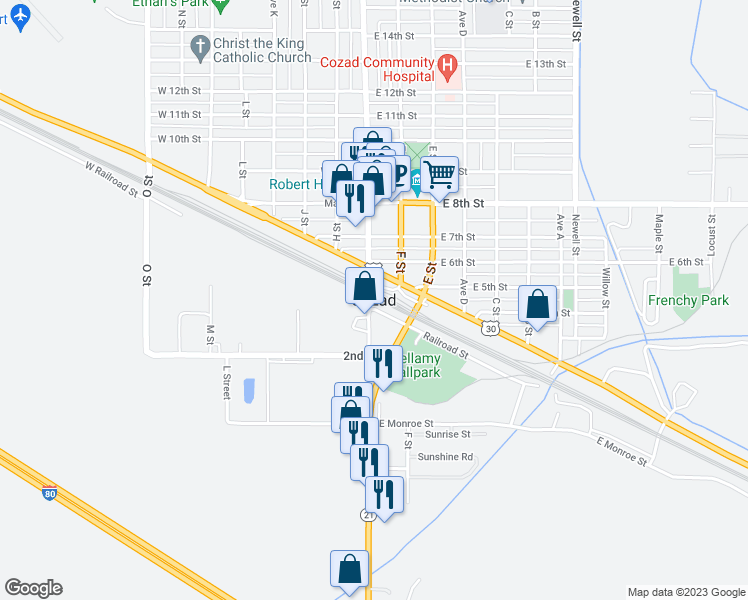 map of restaurants, bars, coffee shops, grocery stores, and more near in Cozad