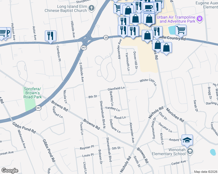 map of restaurants, bars, coffee shops, grocery stores, and more near 72 Deer Valley Drive in Nesconset