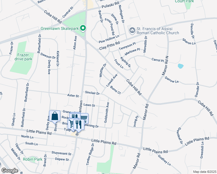 map of restaurants, bars, coffee shops, grocery stores, and more near 10 Lowell Avenue in Greenlawn