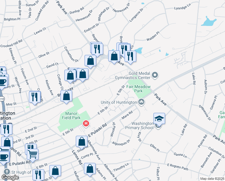 map of restaurants, bars, coffee shops, grocery stores, and more near 1806 Townhome Way in Huntington Station