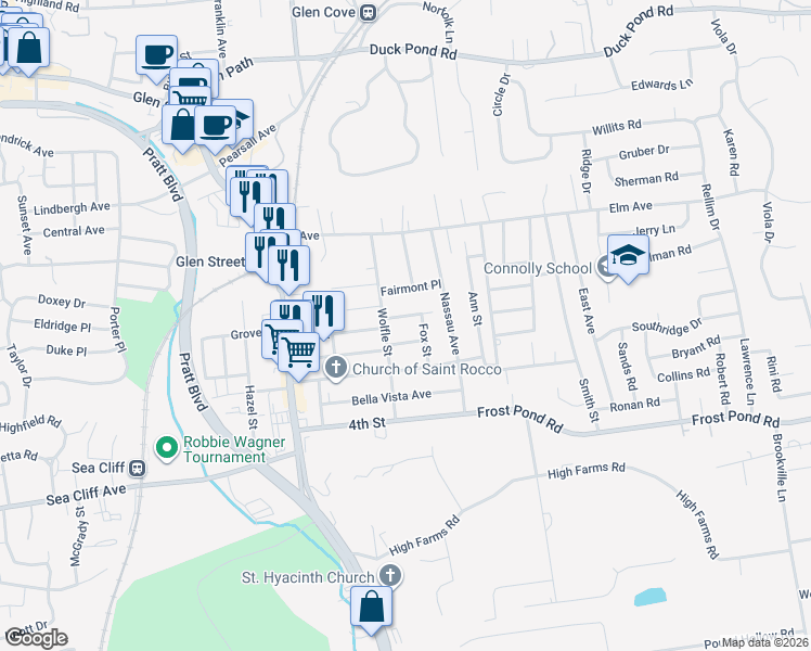 map of restaurants, bars, coffee shops, grocery stores, and more near 31 Wolfle Street in Glen Cove