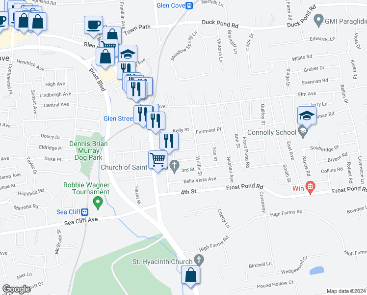 map of restaurants, bars, coffee shops, grocery stores, and more near 6 Washington Street in Glen Cove