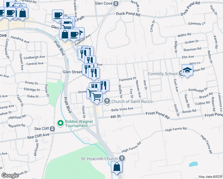 map of restaurants, bars, coffee shops, grocery stores, and more near 6 Washington Street in Glen Cove