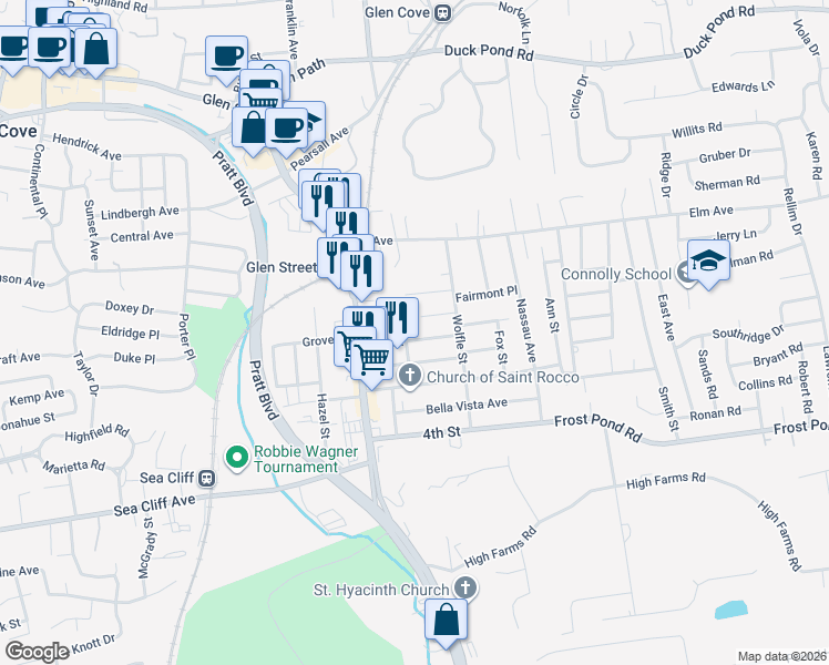 map of restaurants, bars, coffee shops, grocery stores, and more near 6 Washington Street in Glen Cove
