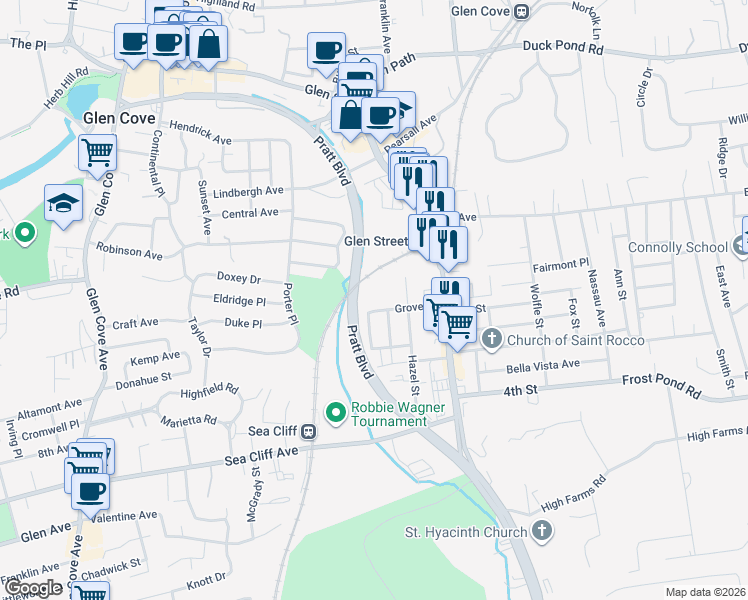 map of restaurants, bars, coffee shops, grocery stores, and more near 46 Stanco Street in Glen Cove