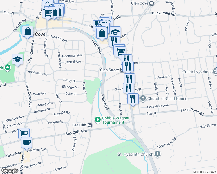 map of restaurants, bars, coffee shops, grocery stores, and more near 46 Stanco Street in Glen Cove