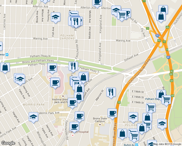 map of restaurants, bars, coffee shops, grocery stores, and more near 1600 Pelham Parkway North in Bronx